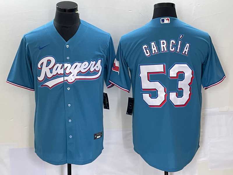 Men%27s Texas Rangers #53 Adolis Garcia Light Blue With Patch Cool Base Stitched Baseball Jersey